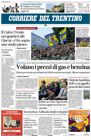 Prima pagina Corriere del Trentino di oggi - Quotidiano regionale