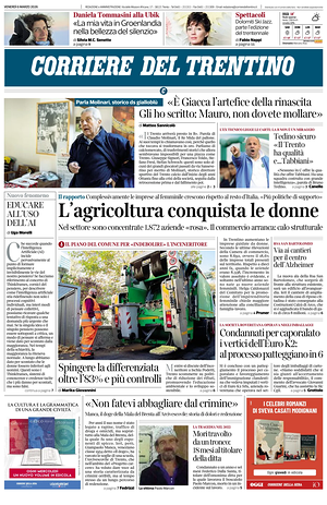 Prima pagina Corriere del Trentino di oggi - Quotidiano regionale