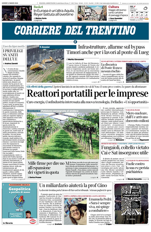 Prima pagina Corriere del Trentino di oggi - Quotidiano regionale