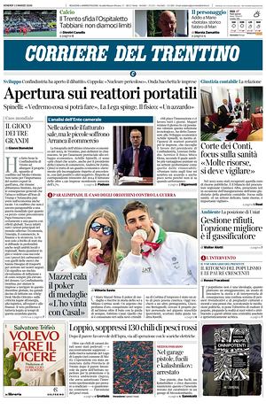 Prima pagina Corriere del Trentino di oggi - Quotidiano regionale