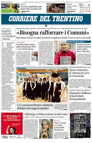 Prima pagina Corriere del Trentino di oggi - Quotidiano regionale
