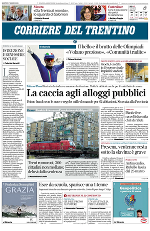 Prima pagina Corriere del Trentino di oggi - Quotidiano regionale