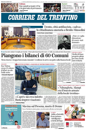 Prima pagina Corriere del Trentino di oggi - Quotidiano regionale