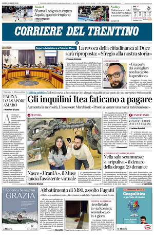 Prima pagina Corriere del Trentino di oggi - Quotidiano regionale