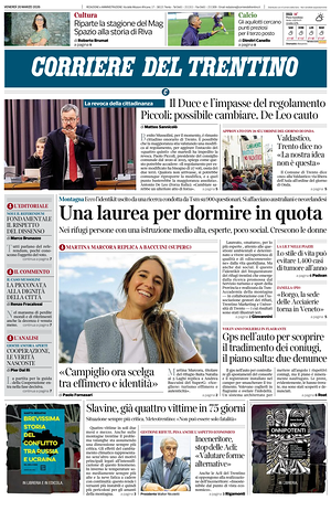 Prima pagina Corriere del Trentino di oggi - Quotidiano regionale