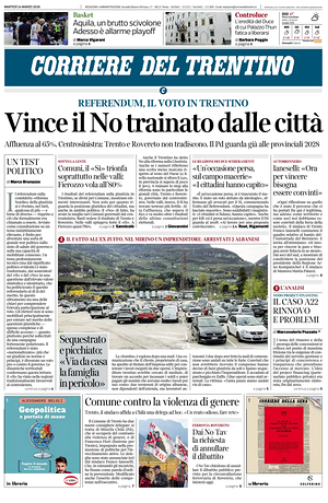 Prima pagina Corriere del Trentino di oggi - Quotidiano regionale