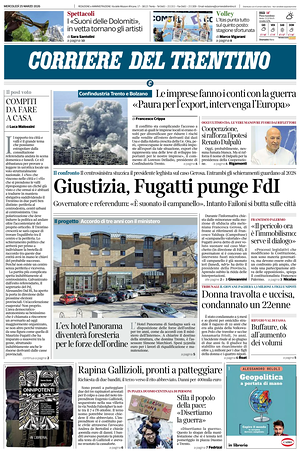 Prima pagina Corriere del Trentino di oggi - Quotidiano regionale