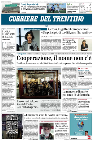 Prima pagina Corriere del Trentino di oggi - Quotidiano regionale