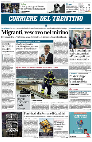 Prima pagina Corriere del Trentino di oggi - Quotidiano regionale
