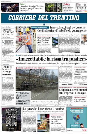 Prima pagina Corriere del Trentino di oggi - Quotidiano regionale
