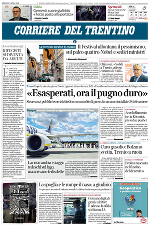 Prima pagina Corriere del Trentino di oggi - Quotidiano regionale