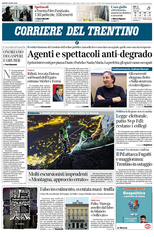 Prima pagina Corriere del Trentino di oggi - Quotidiano regionale