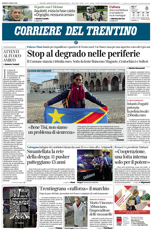 Prima pagina Corriere del Trentino di oggi - Quotidiano regionale