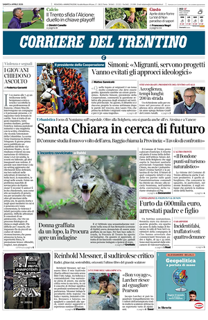 Prima pagina Corriere del Trentino di oggi - Quotidiano regionale