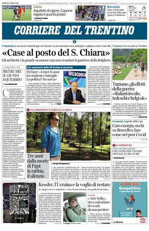 Prima pagina Corriere del Trentino di oggi - Quotidiano regionale