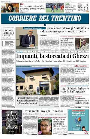 Prima pagina Corriere del Trentino di oggi - Quotidiano regionale