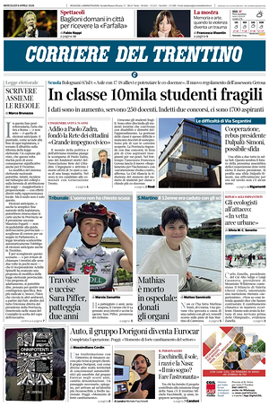 Prima pagina Corriere del Trentino di oggi - Quotidiano regionale