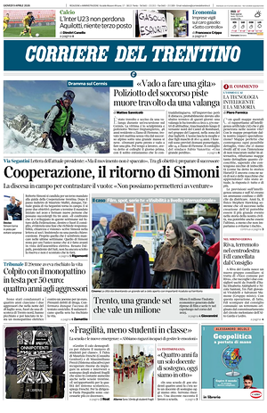 Prima pagina Corriere del Trentino di oggi - Quotidiano regionale