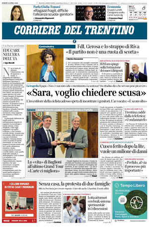 Prima pagina Corriere del Trentino di oggi - Quotidiano regionale
