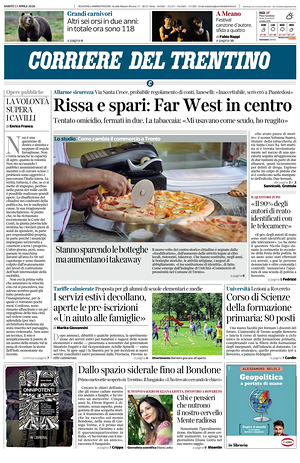 Prima pagina Corriere del Trentino di oggi - Quotidiano regionale