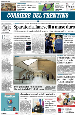 Prima pagina Corriere del Trentino di oggi - Quotidiano regionale