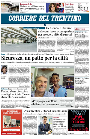 Prima pagina Corriere del Trentino di oggi - Quotidiano regionale