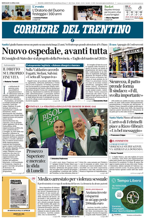 Prima pagina Corriere del Trentino di oggi - Quotidiano regionale