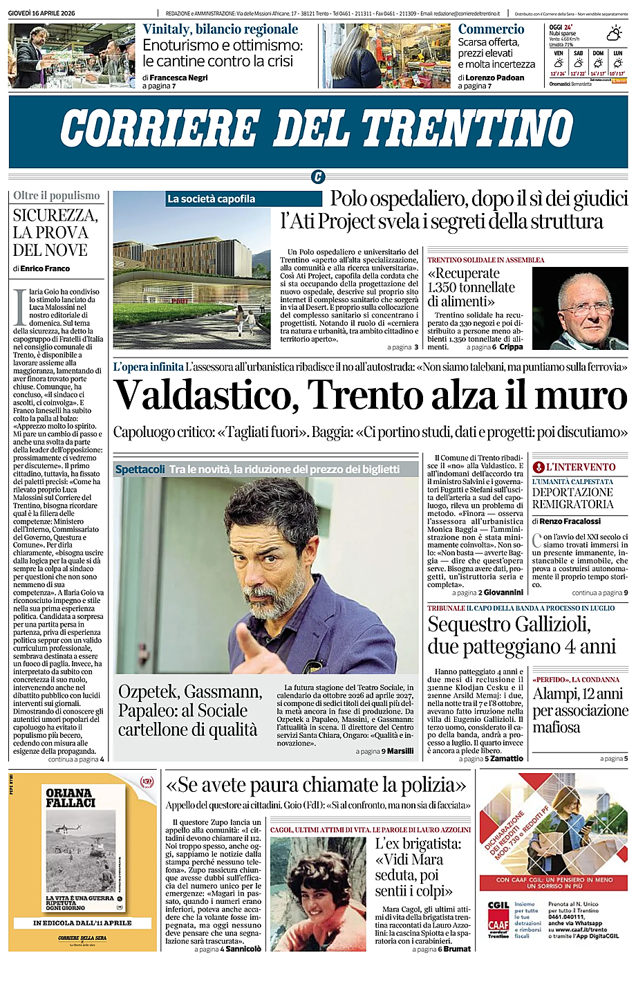 Prima pagina Corriere del Trentino di oggi - Edicola 16 Aprile 2026