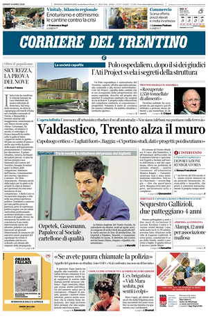 Prima pagina Corriere del Trentino di oggi - Quotidiano regionale