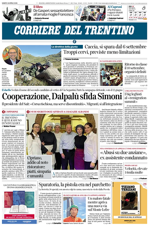 Prima pagina Corriere del Trentino di oggi - Quotidiano regionale