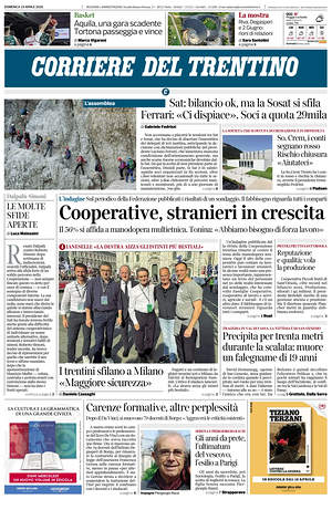 Prima pagina Corriere del Trentino di oggi - Quotidiano regionale