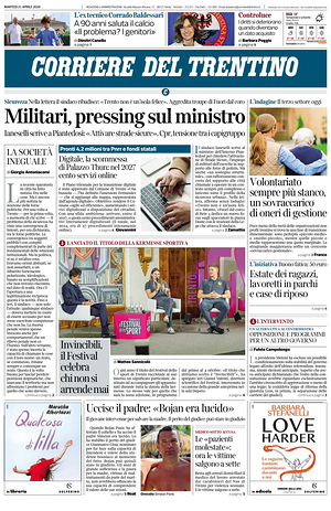 Prima pagina Corriere del Trentino di oggi - Quotidiano regionale