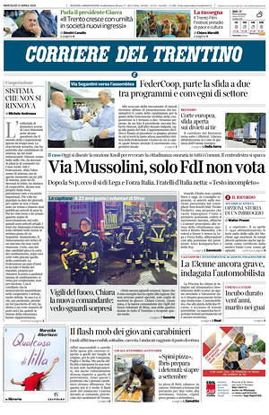 Prima pagina Corriere del Trentino di oggi - Quotidiano regionale