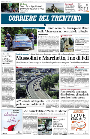 Prima pagina Corriere del Trentino di oggi - Quotidiano regionale