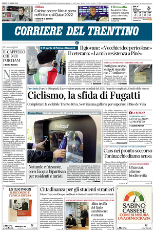Prima pagina Corriere del Trentino di oggi - Quotidiano regionale