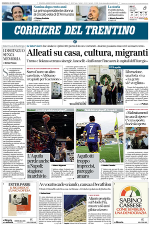 Prima pagina Corriere del Trentino di oggi - Quotidiano regionale