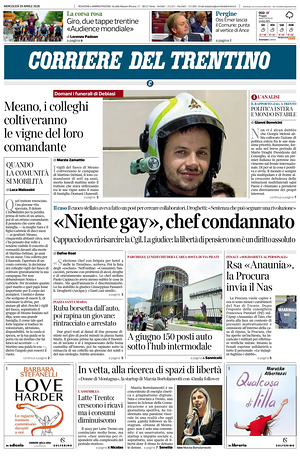 Prima pagina Corriere del Trentino di oggi - Quotidiano regionale