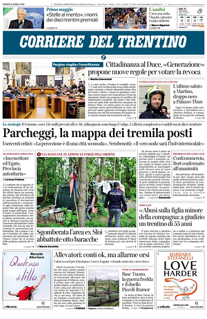 Prima pagina Corriere del Trentino di oggi - Quotidiano regionale