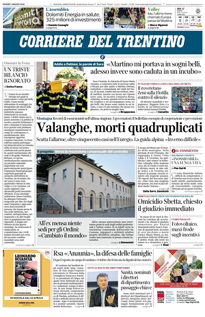 Prima pagina Corriere del Trentino di oggi - Quotidiano regionale