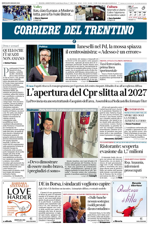 Prima pagina Corriere del Trentino di oggi - Quotidiano regionale