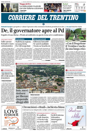 Prima pagina Corriere del Trentino di oggi - Quotidiano regionale