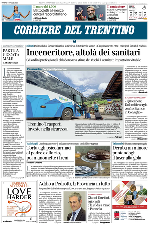 Prima pagina Corriere del Trentino di oggi - Quotidiano regionale