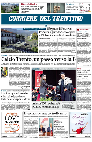 Prima pagina Corriere del Trentino di oggi - Quotidiano regionale