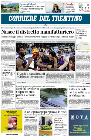 Prima pagina Corriere del Trentino di oggi - Quotidiano regionale