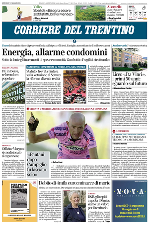 Prima pagina Corriere del Trentino di oggi - Quotidiano regionale