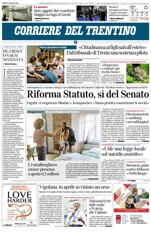 Prima pagina Corriere del Trentino di oggi - Quotidiano regionale
