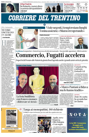 Prima pagina Corriere del Trentino di oggi - Quotidiano regionale