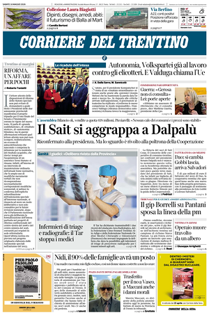 Prima pagina Corriere del Trentino di oggi - Quotidiano regionale