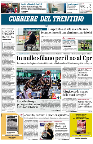 Prima pagina Corriere del Trentino di oggi - Quotidiano regionale