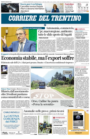 Prima pagina Corriere del Trentino di oggi - Quotidiano regionale